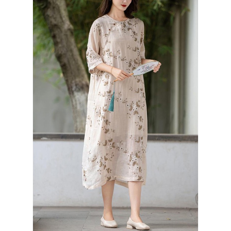 Apricot Button Linen Long Dress O Neck Half Sleeve
