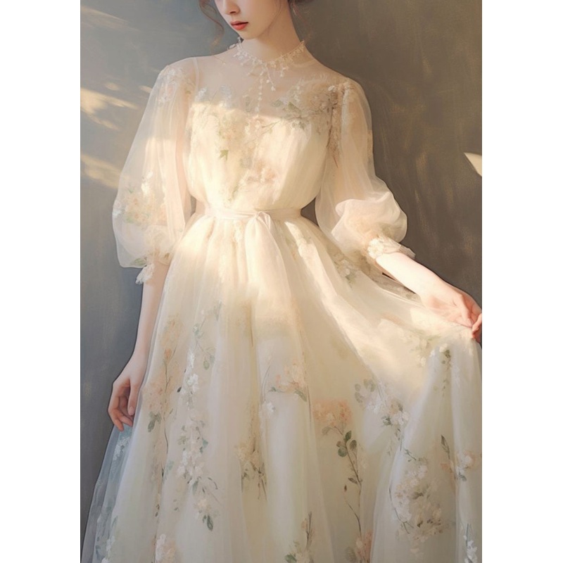 Art Beige Print Lace Up Tulle Maxi Dress Puff Sleeve