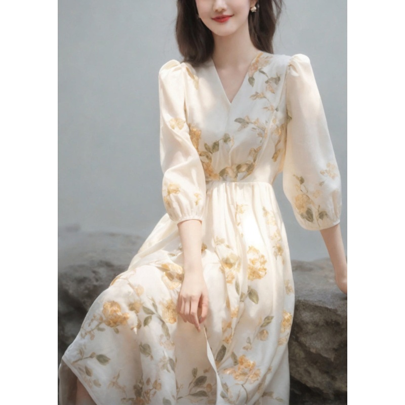 Art Beige V Neck High Waist Chiffon Dress Bracelet Sleeve