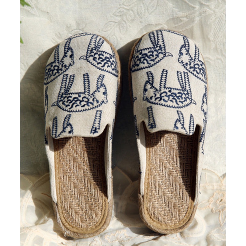 Beige Cotton Fabric Comfy Embroidered Slide Sandals