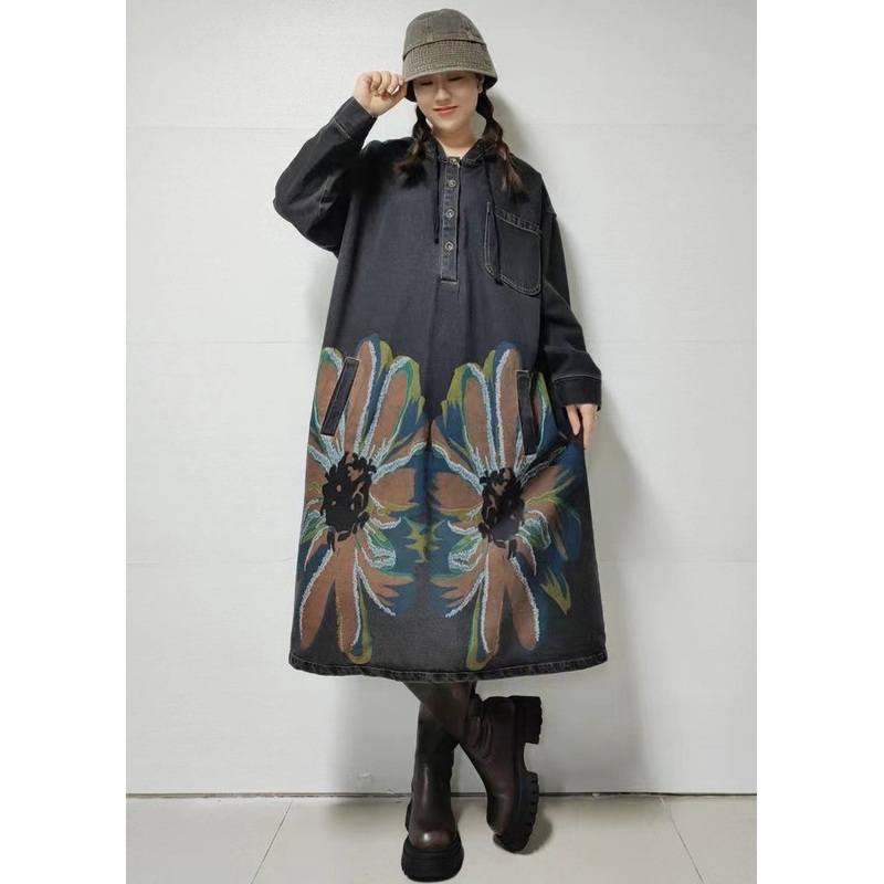 Black Button Pockets Denim Dress Hooded Fall