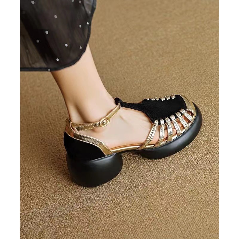 Black Chunky Suede Comfy Splicing Hollow Out Sandals