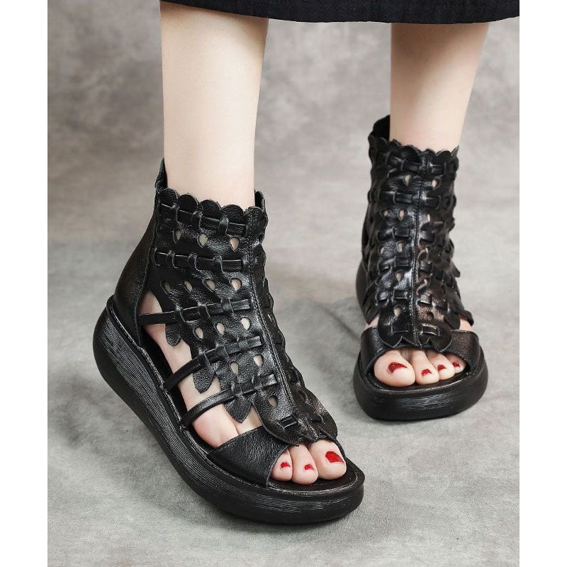 Black Cowhide Leather Hollow Out Splicing Peep Toe Platform Sandals