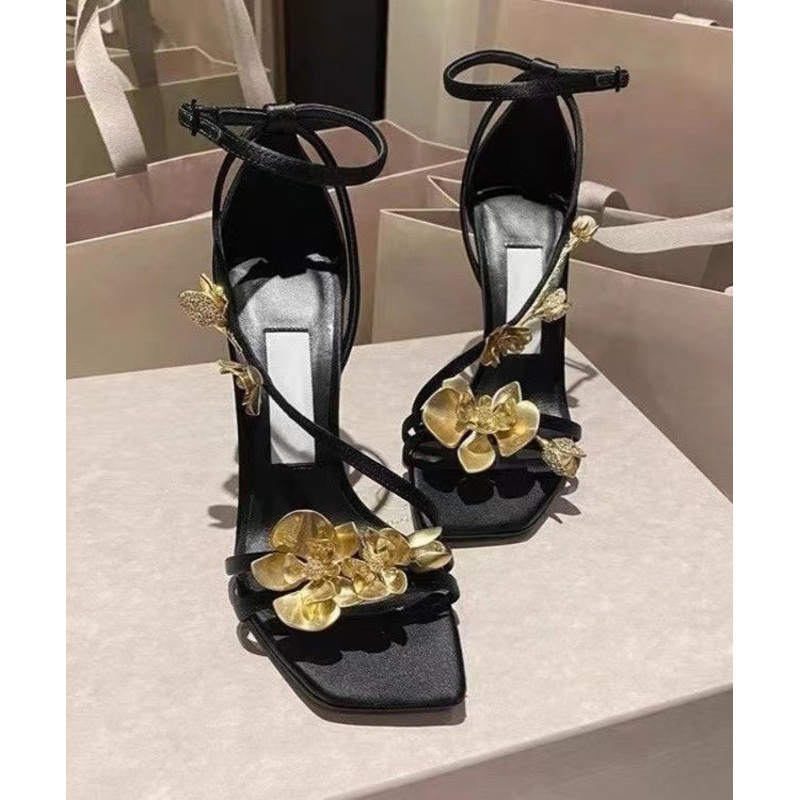 Black French Floral Decorated Splicing High Heel Sandals