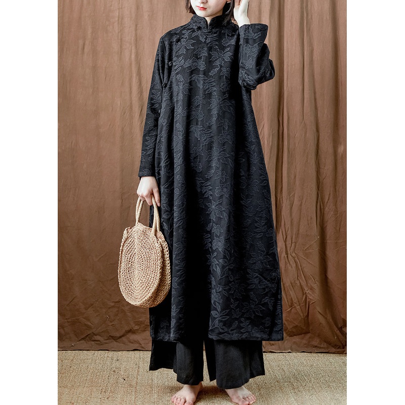 Black Pockets Cotton Long Dresses Stand Collar Fall