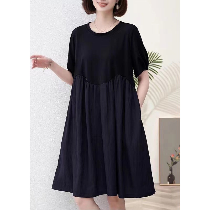 Black Pockets Patchwork Cotton Dresses O Neck Summer