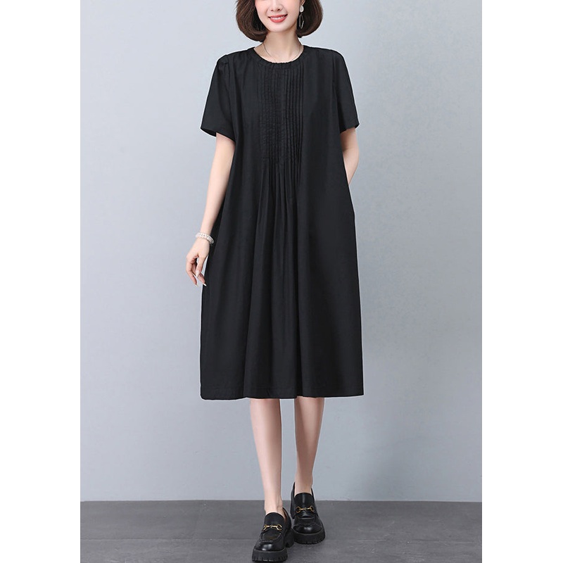 Black Wrinkled Cotton Dresses O Neck Short Sleeve