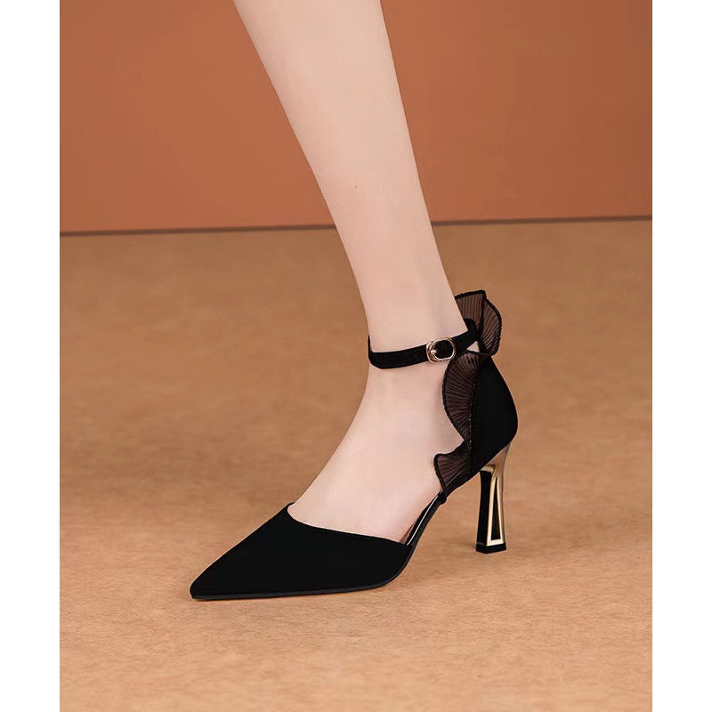 Boutique Black Ruffles Splicing High Heel Sandals Pointed Toe