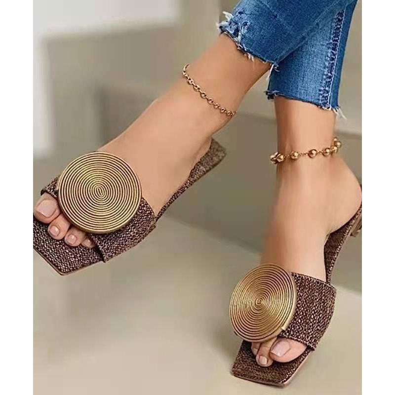 Brown Slide Sandals Women Faux Leather Boutique Splicing Sequins