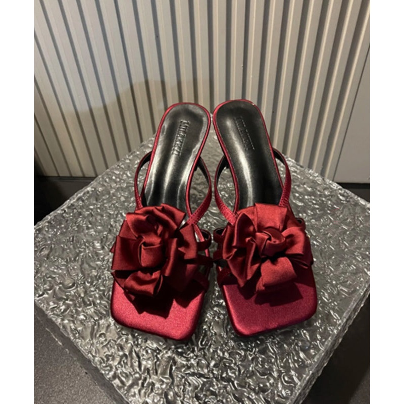 Classy Wine Red Floral Satin High Heels Slide Sandals Peep Toe