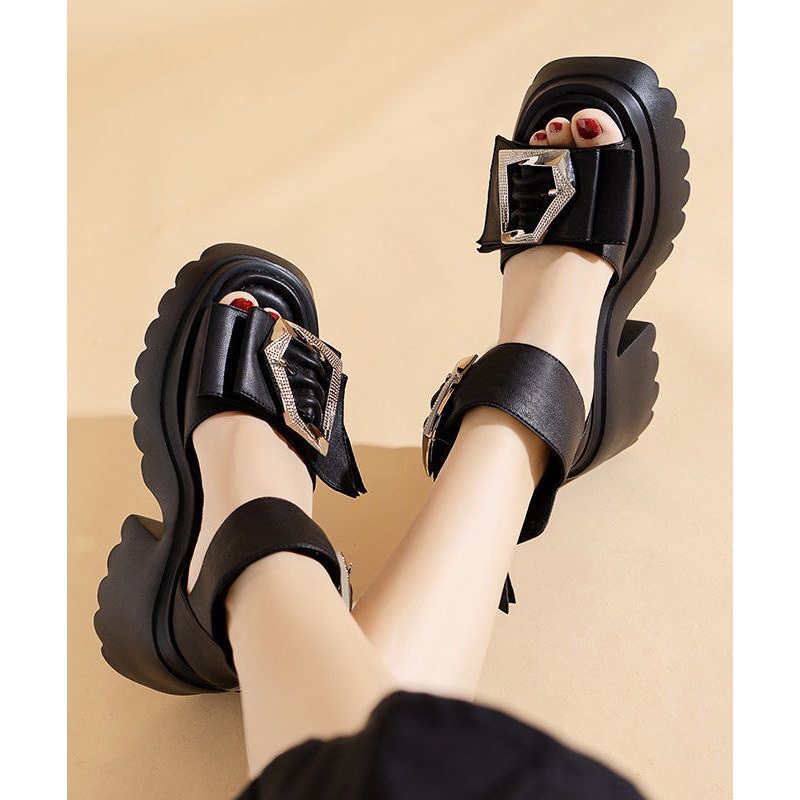 Fashion Black Zippered Sandals Buckle Strap Chunky Sandals