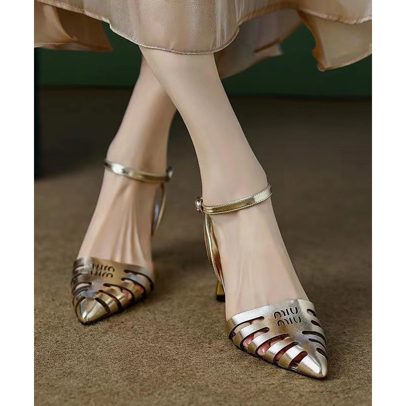 Gold Hollow Out Pointed Toe Classy Chunky Sandals