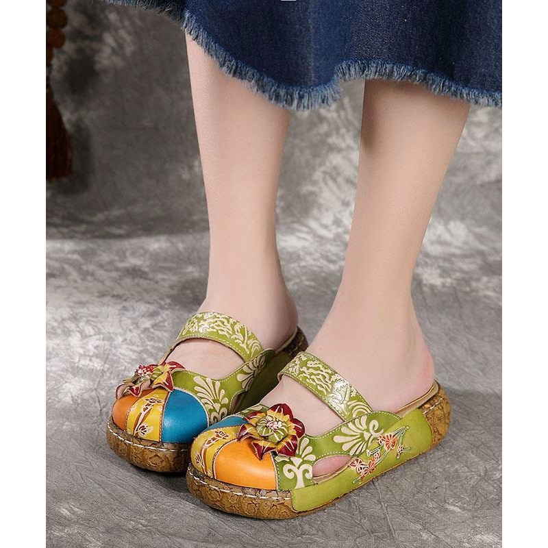 Green Cowhide Leather Retro Splicing Flip Flops Slide Sandals