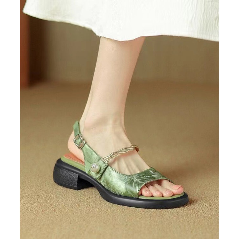 New Chinese Style Green Chunky Heel Retro Sandals Peep Toe