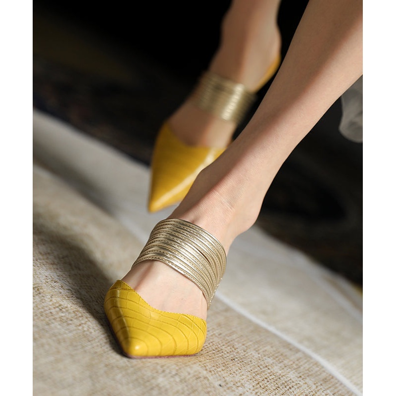 Pointed Toe Yellow Cowhide Leather Splicing Stiletto Slide Sandals
