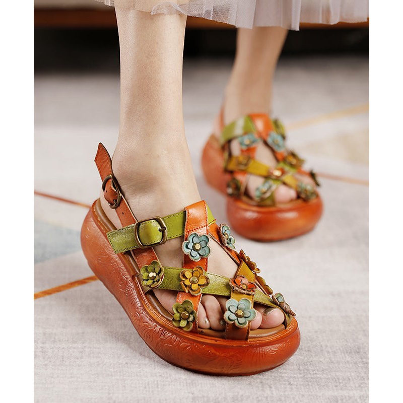 Retro Floral Hollow Out Platform Sandals Yellow Cowhide Leather