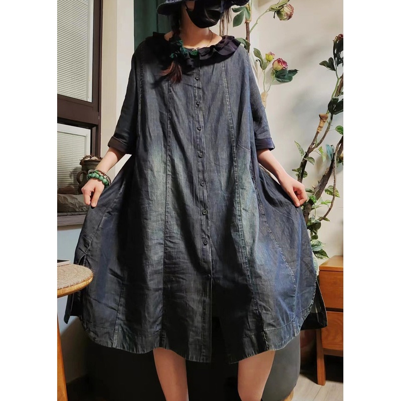Vintage Blue Button Pockets Denim Shirts Dress Half Sleeve