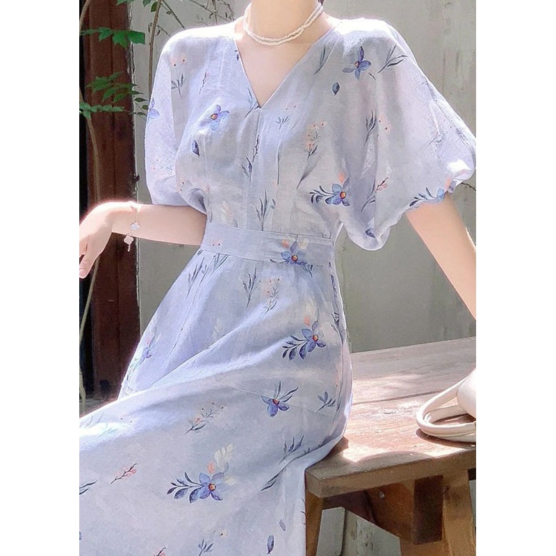 Women Blue V Neck Print Cotton Long Dress Summer