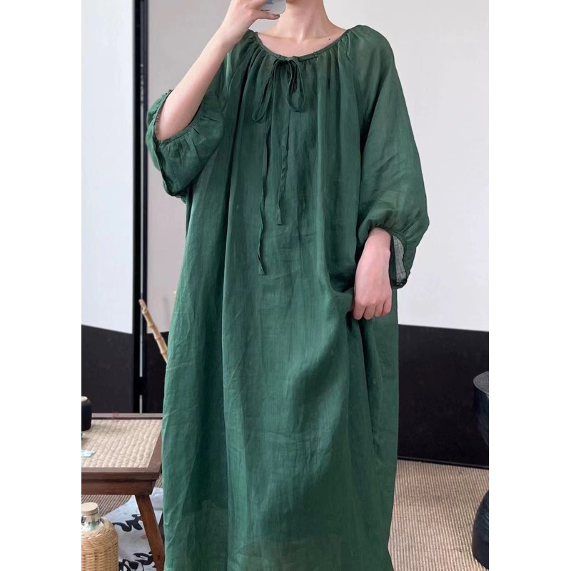Women Green Lace Up Solid Linen Long Dresses Fall