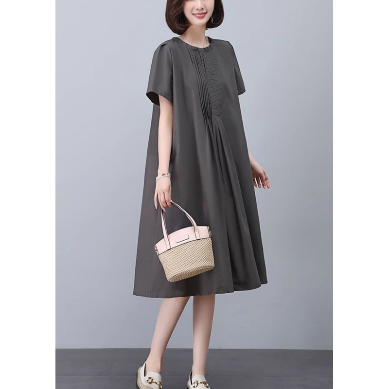 Women Grey O-Neck Solid Cotton Dresses Summer