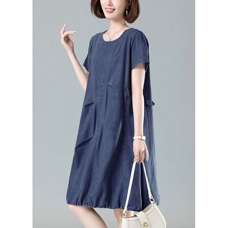 Women Navy Ruffled Drawstring Denim Dresses Summer