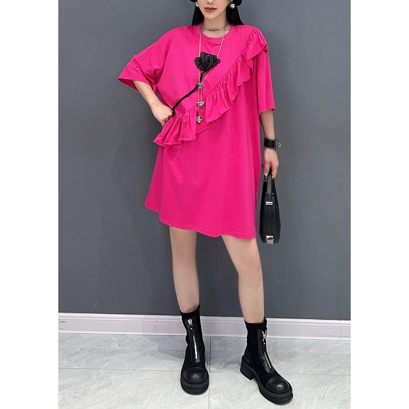 2024 New Rose O-Neck Ruffled Patchwork Tops Short Sleeve
