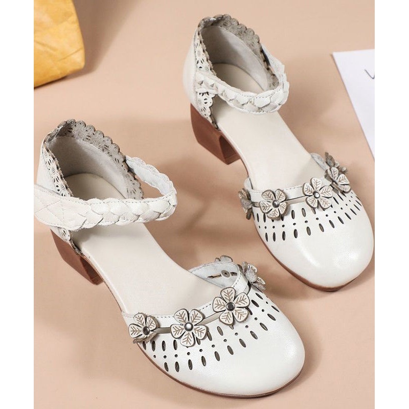 Beige Hollow Out Floral Chunky Cowhide Leather Splicing Sandals
