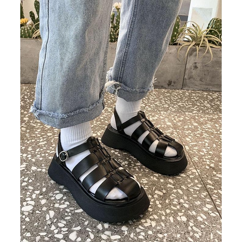 Black Faux Leather Flat Sandals Buckle Strap Hiking Sandals