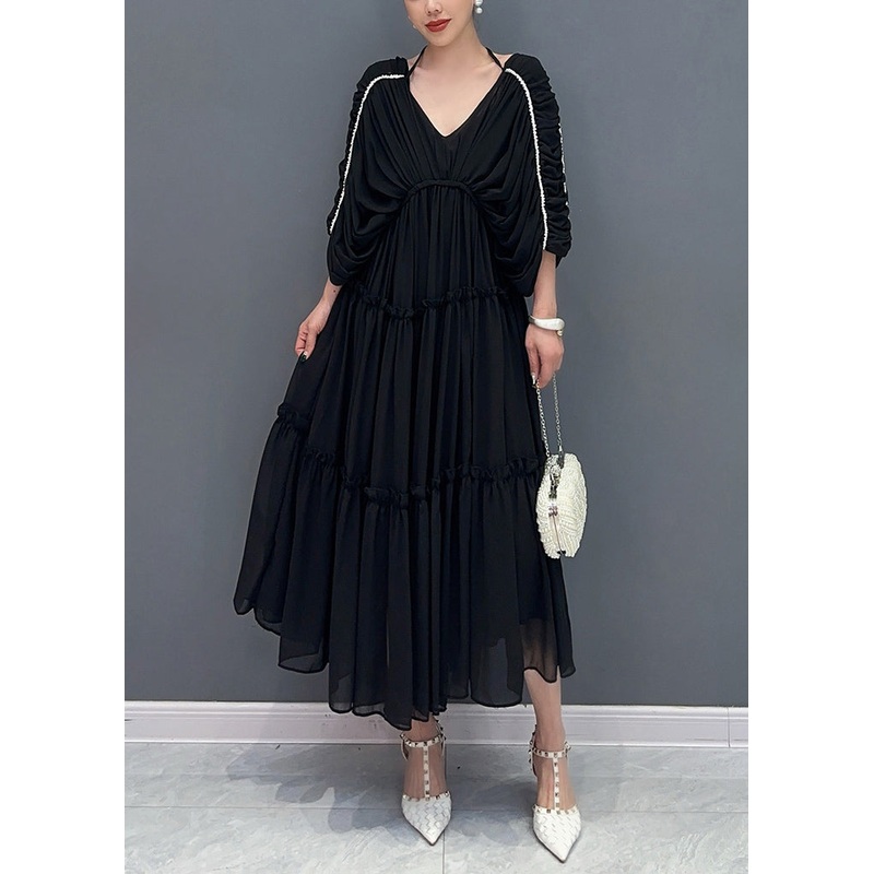 Black Patchwork Chiffon Dresses Ruffled V Neck Summer