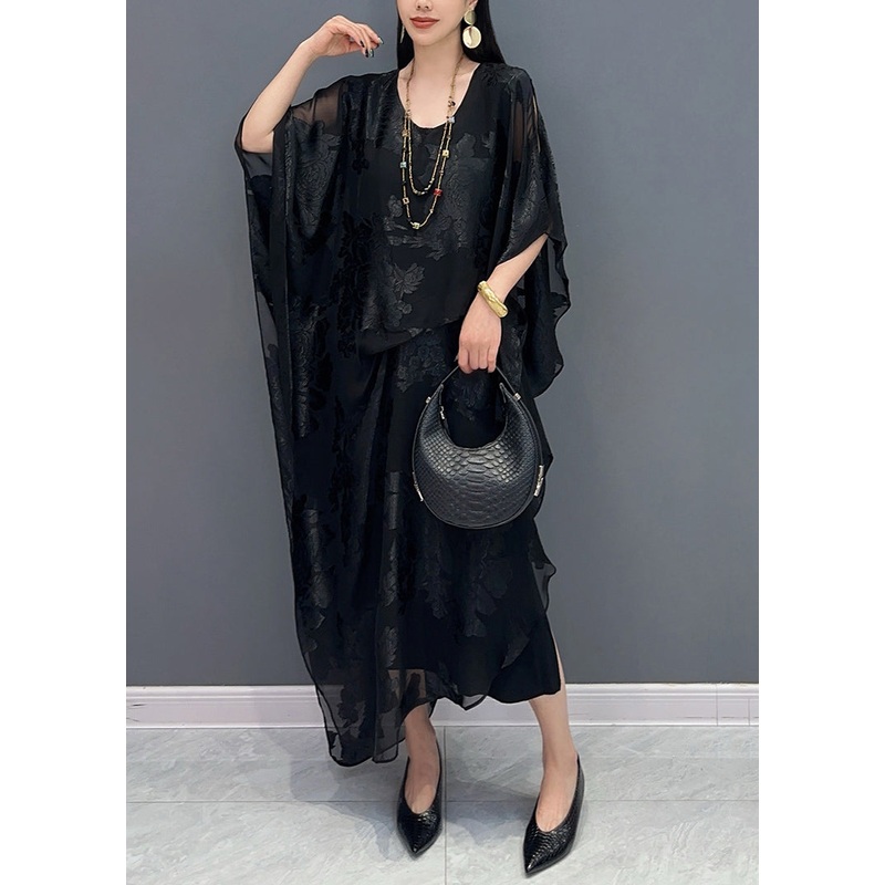 Black Side Open Silk Maxi Dress Batwing Sleeve