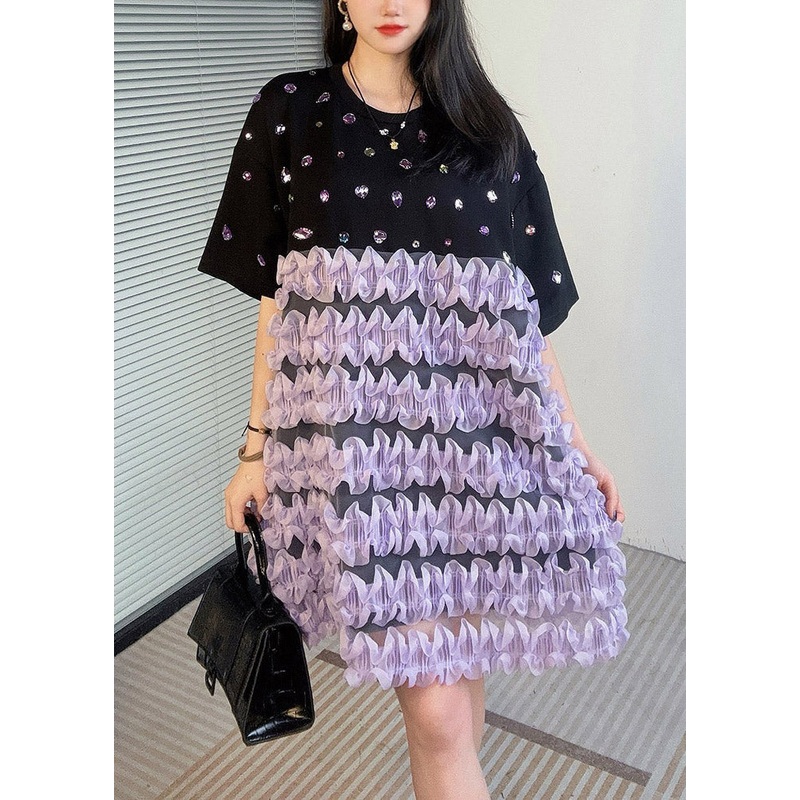 Black Tulle Patchwork T Shirt Dress O Neck Half Sleeve