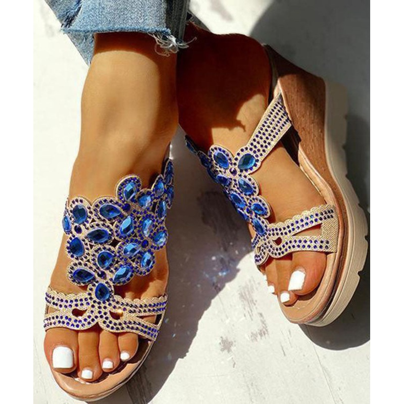 Blue Gemstone High Wedge Heels Faux Leather 2024 Peep Toe Slide Sandals