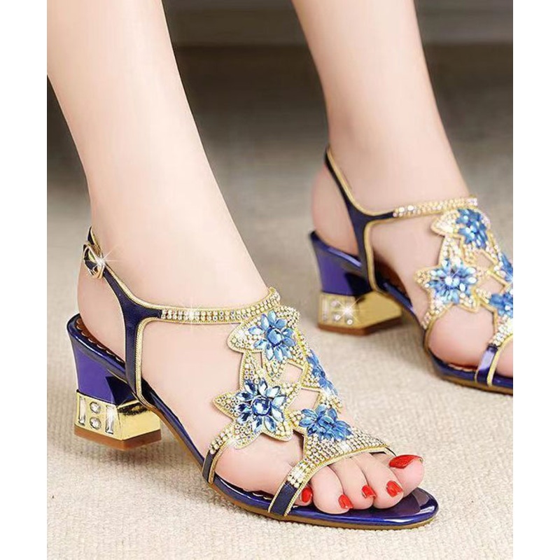 Boutique Blue Sandals Buckle Strap Peep Toe Splicing Zircon