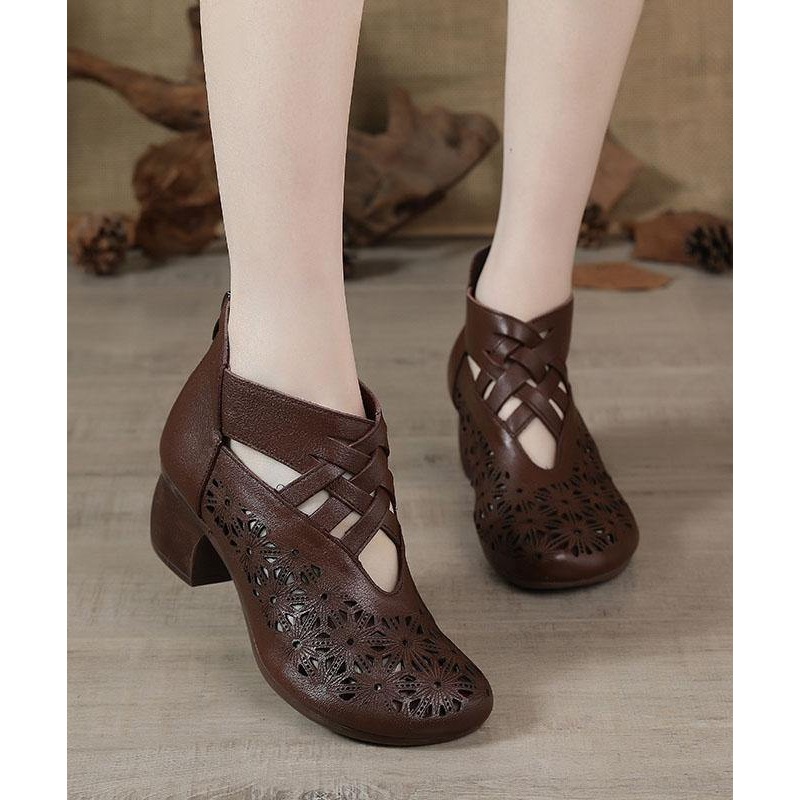 Brown Zippered Hollow Out Chunky Boots