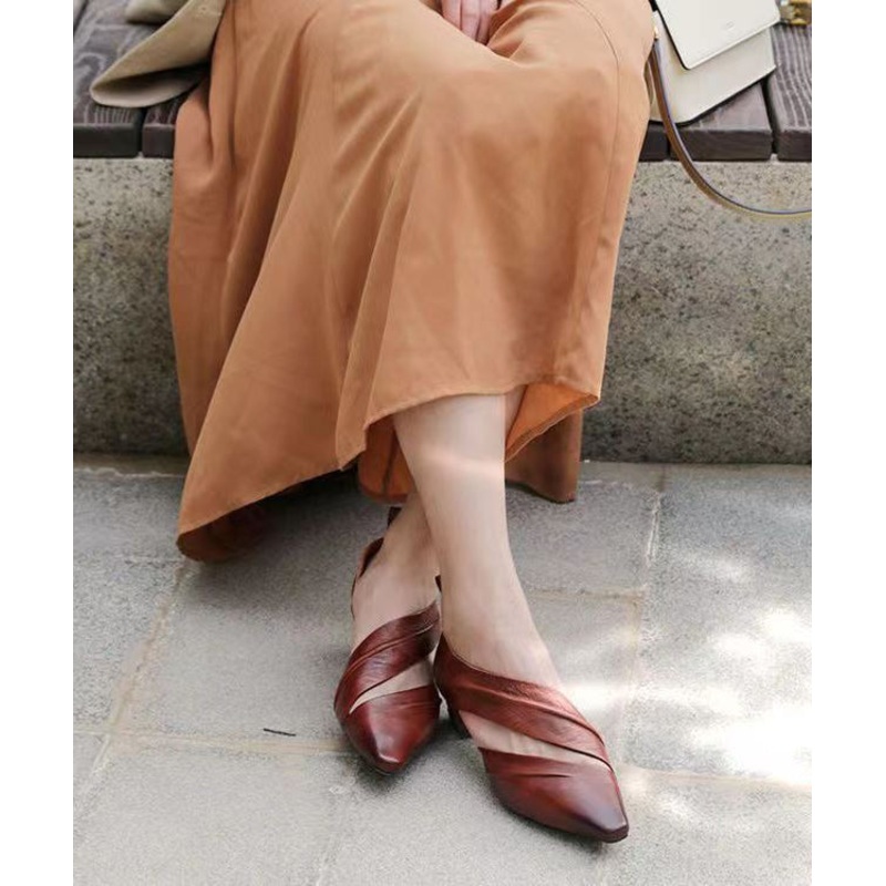 Coffee Hollow Out Pointed Toe Splicing Chunky High Heels