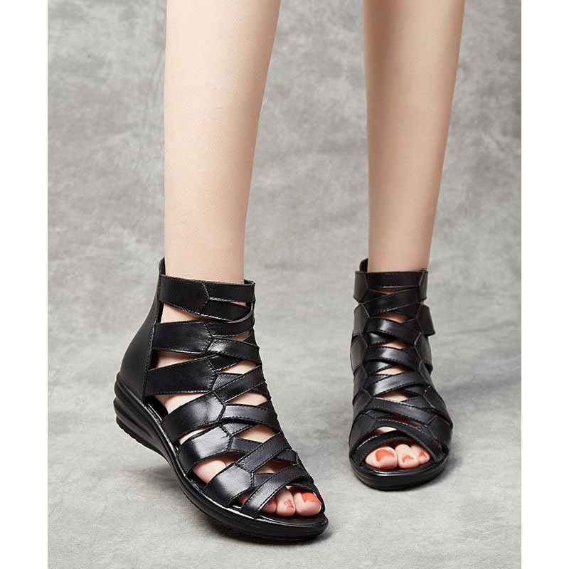Handmade Cowhide Leather Black Wedge Sandals Splicing Hollow Out