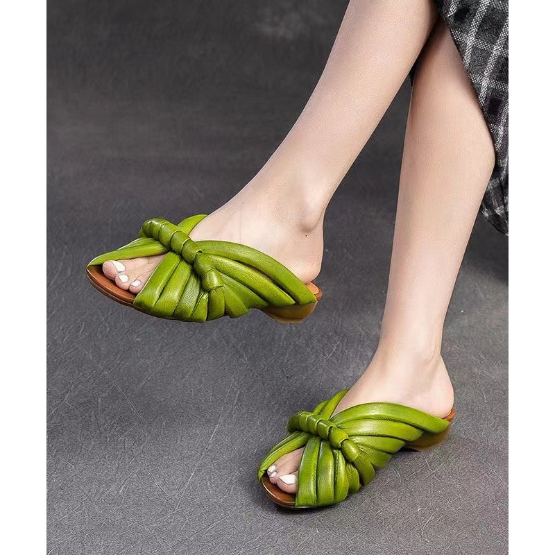 Handmade Green Cowhide Leather Peep Toe Slide Sandals