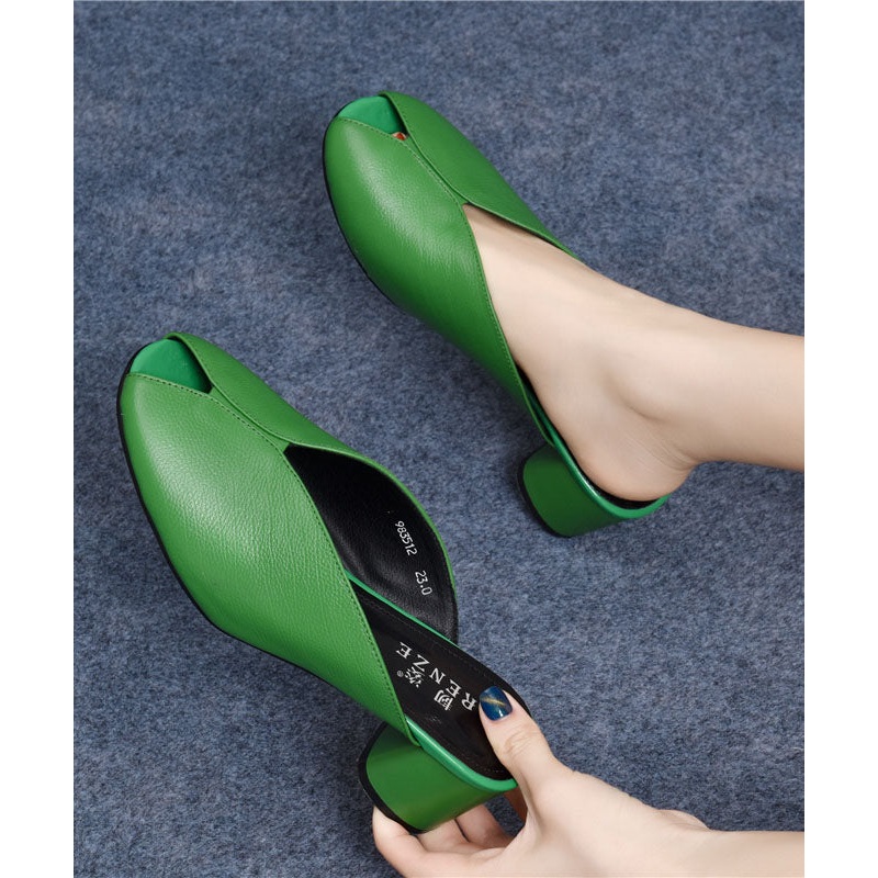 Plus Size Green Splicing Cowhide Leather Chunky Slide Sandals Peep Toe