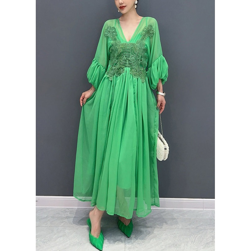 Stylish Green V Neck Embroidered Floral Chiffon Long Dress Fall