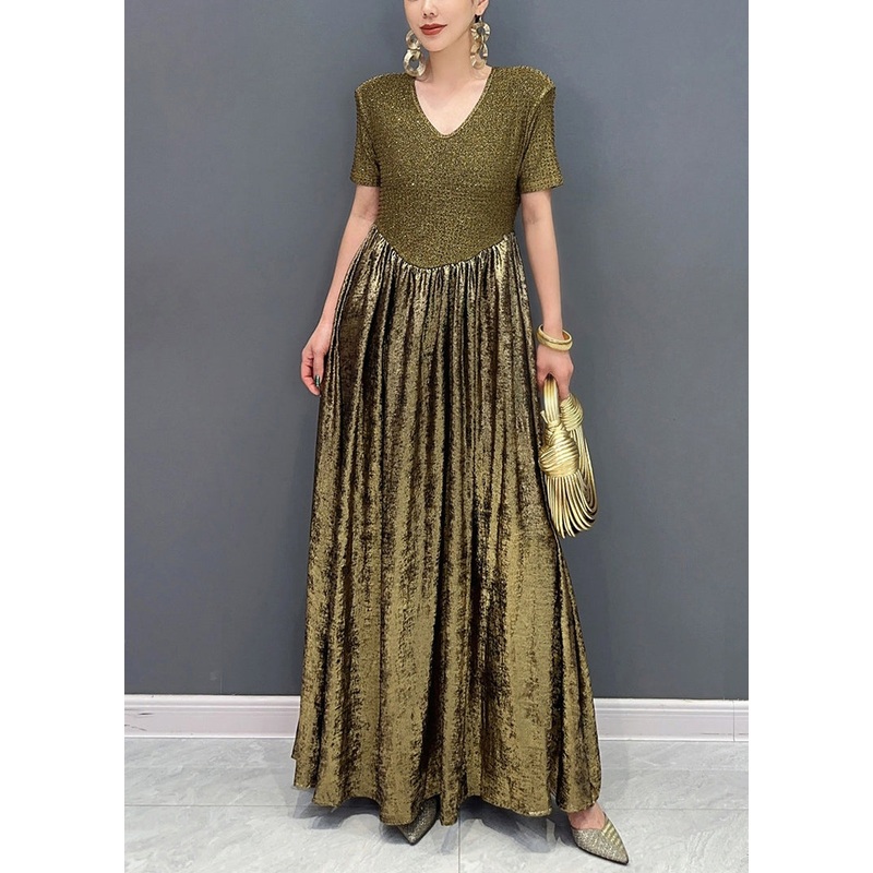 Vogue Gold V Neck Sequins Long Dresses Summer