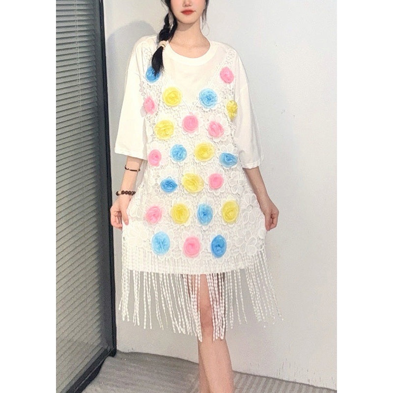 White Print Tassel Mid Dresses Short Sleeve
