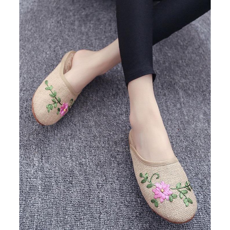 Women Khaki Embroidered Linen Fabric Slippers Shoes