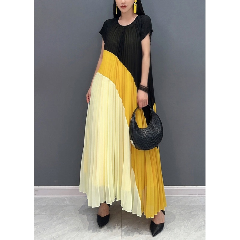 Yellow Print Patchwork Chiffon Dress O Neck Wrinkled Summer