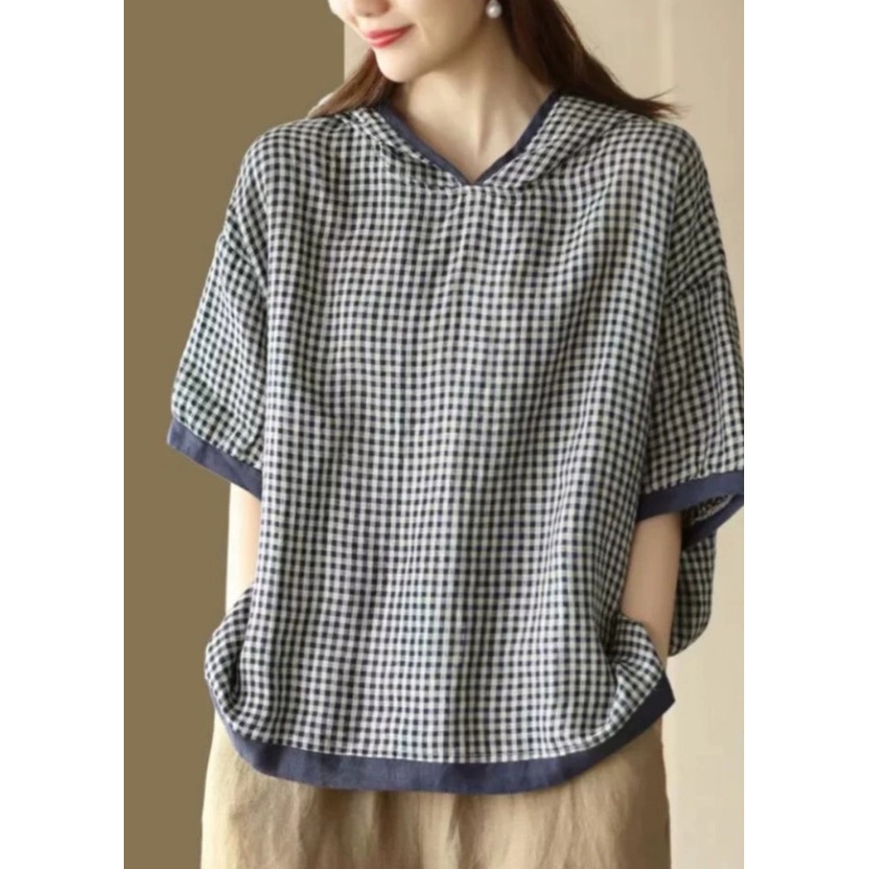 Art Dark Blue O-Neck Plaid Hooded T Shirt Summer