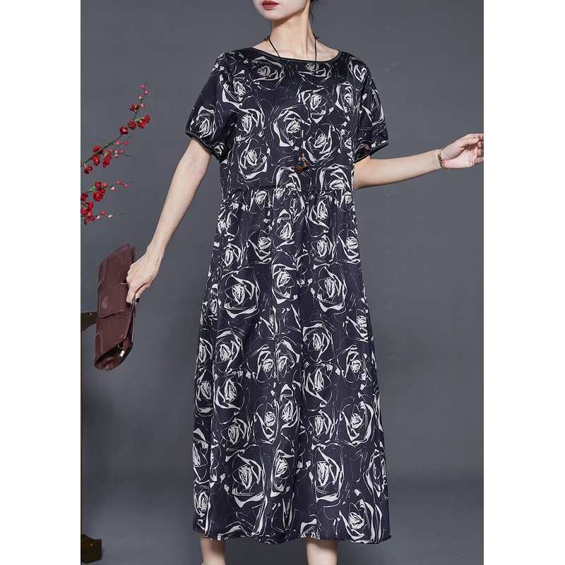 Beautiful Black Floral Silm Fit Silk Long Dresses Summer