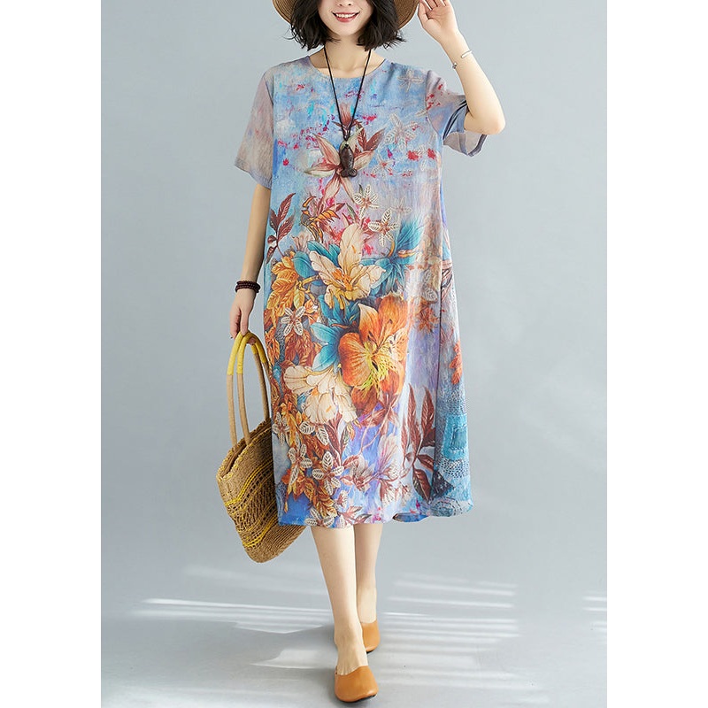 Beautiful Blue O Neck Print Cotton Dresses Summer