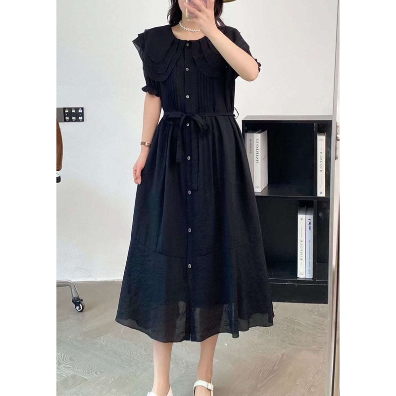 Black Cotton Dresses Peter Pan Collar Button Tie Waist Summer