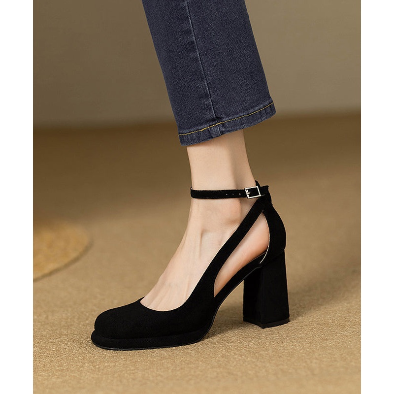 Black Suede Splicing Chunky Heel Sandals Hollow Out Buckle Strap