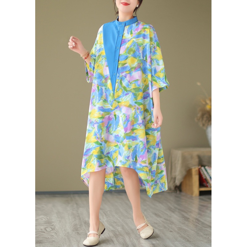 Blue Cotton Shirt Dresses Stand Collar Tie Dye Summer
