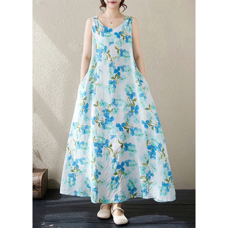 Blue Pockets Cotton Long Dresses O Neck Summer